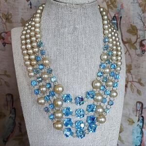 4 Strand Faux Pearl Glass Beaded Faceted Blue Faceted Crystal Necklace Vintage